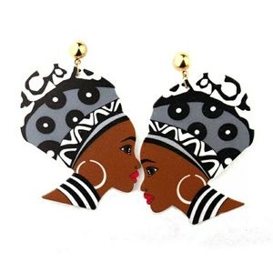 African Headwrap Wooden Painted Earrings